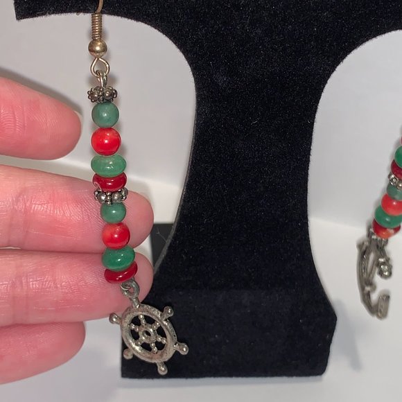 Red Coral and Aventurine Nautical Dangle Earrings - Picture 3 of 7